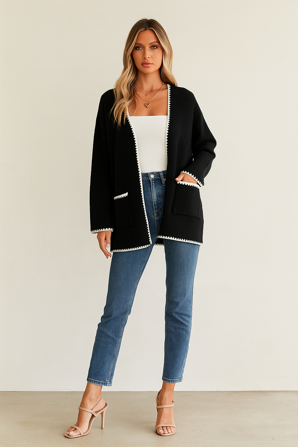 Knitted Cardigan – Oversized Fit – Open Front – Ribbed Trim – Patch Pockets
