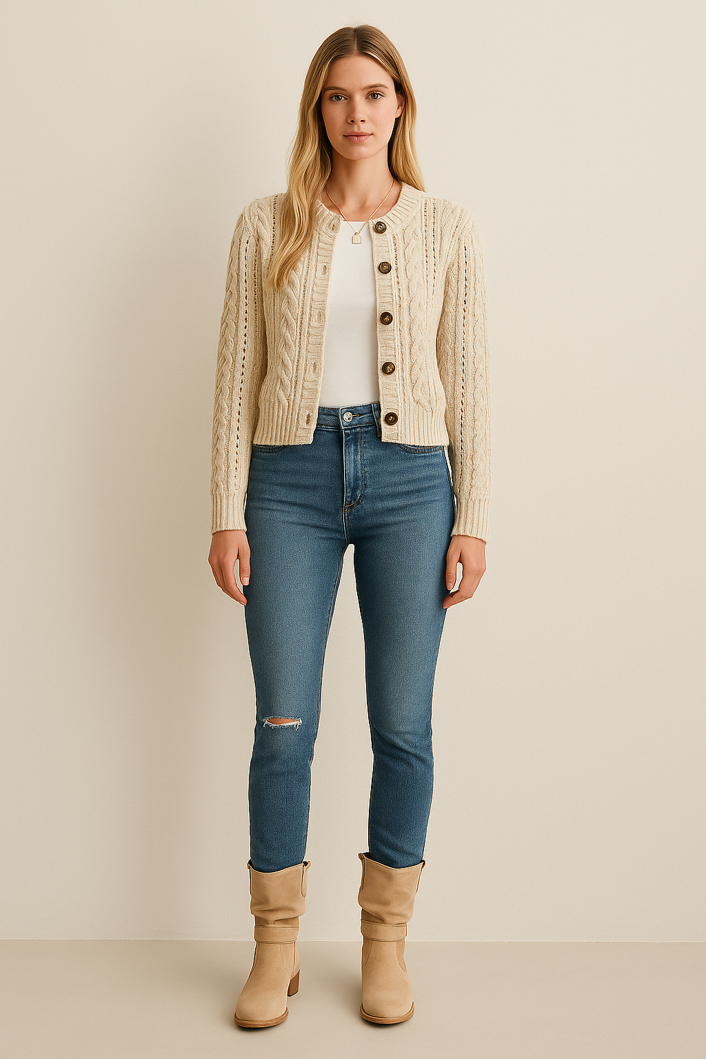 Cable Knit Cardigan Button Front Relaxed Fit
