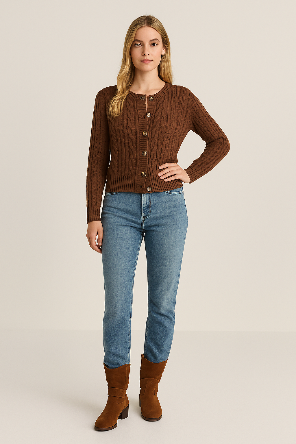 Cable Knit Cardigan Button Front Relaxed Fit