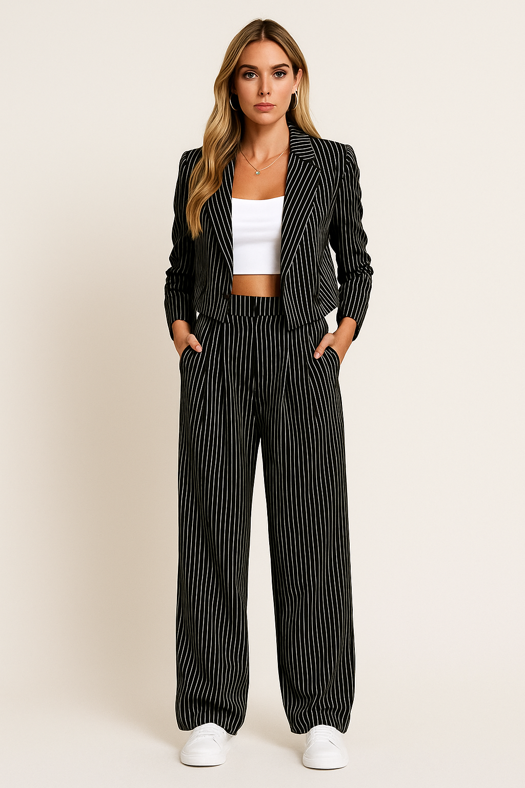 Pinstripe Suit Set – Cropped Double-Breasted Blazer & Wide-Leg Trousers