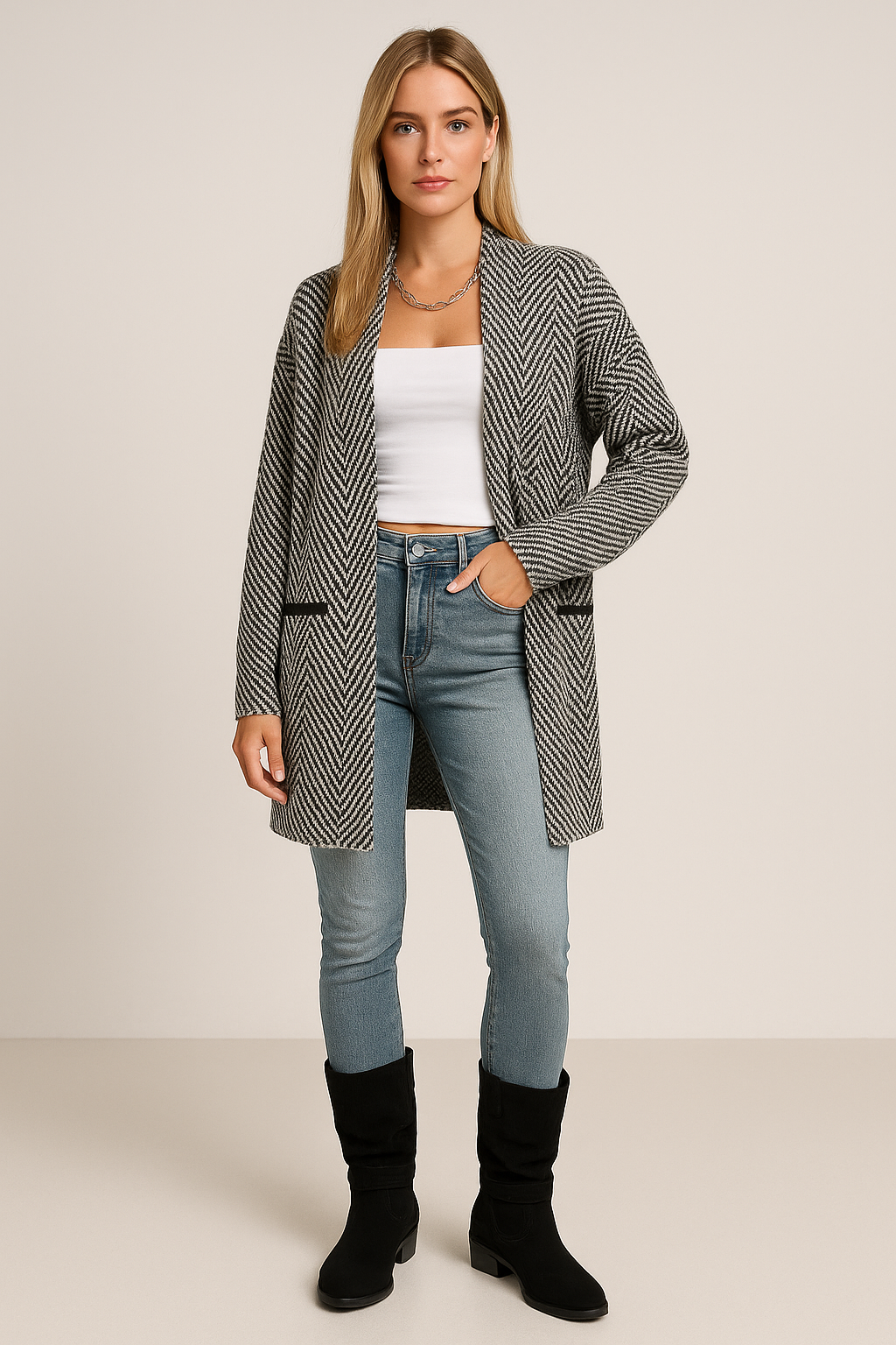 Knit Cardigan – Relaxed Fit – Open Front – Herringbone Pattern