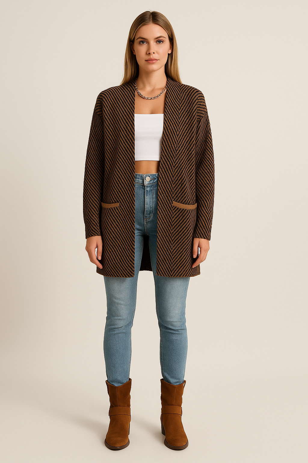 Knit Cardigan – Relaxed Fit – Open Front – Herringbone Pattern