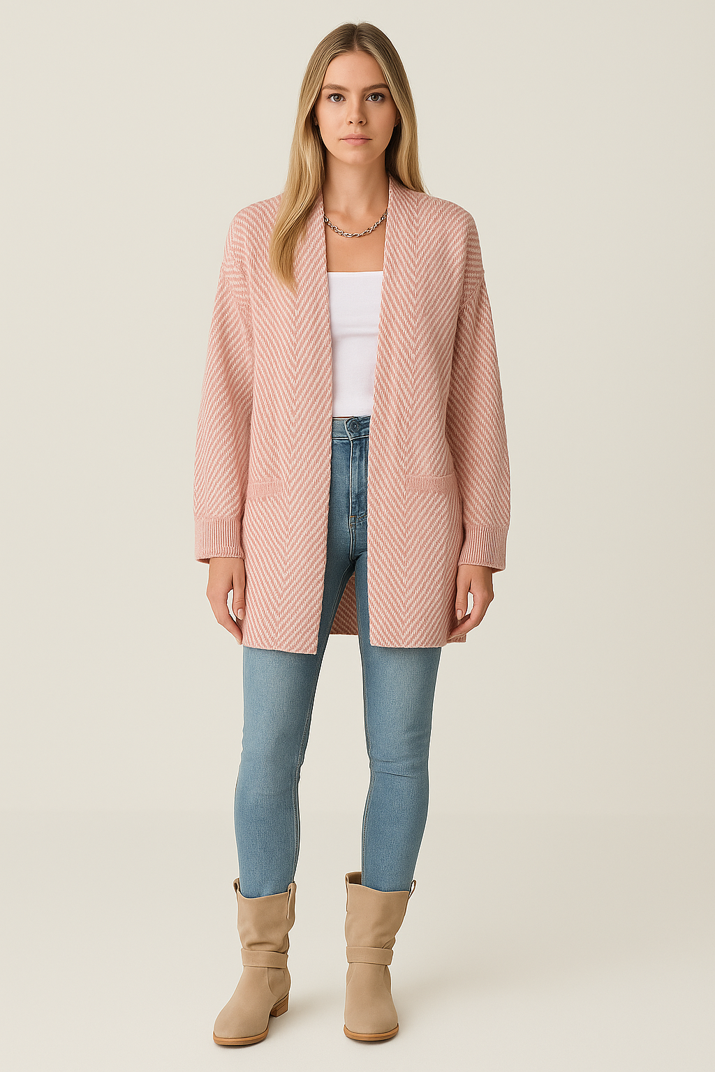 Knit Cardigan – Relaxed Fit – Open Front – Herringbone Pattern