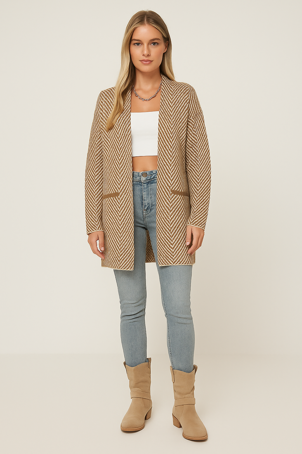 Knit Cardigan – Relaxed Fit – Open Front – Herringbone Pattern