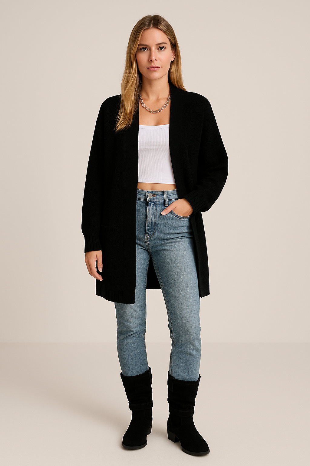 Knit Cardigan – Relaxed Fit – Open Front – Herringbone Pattern