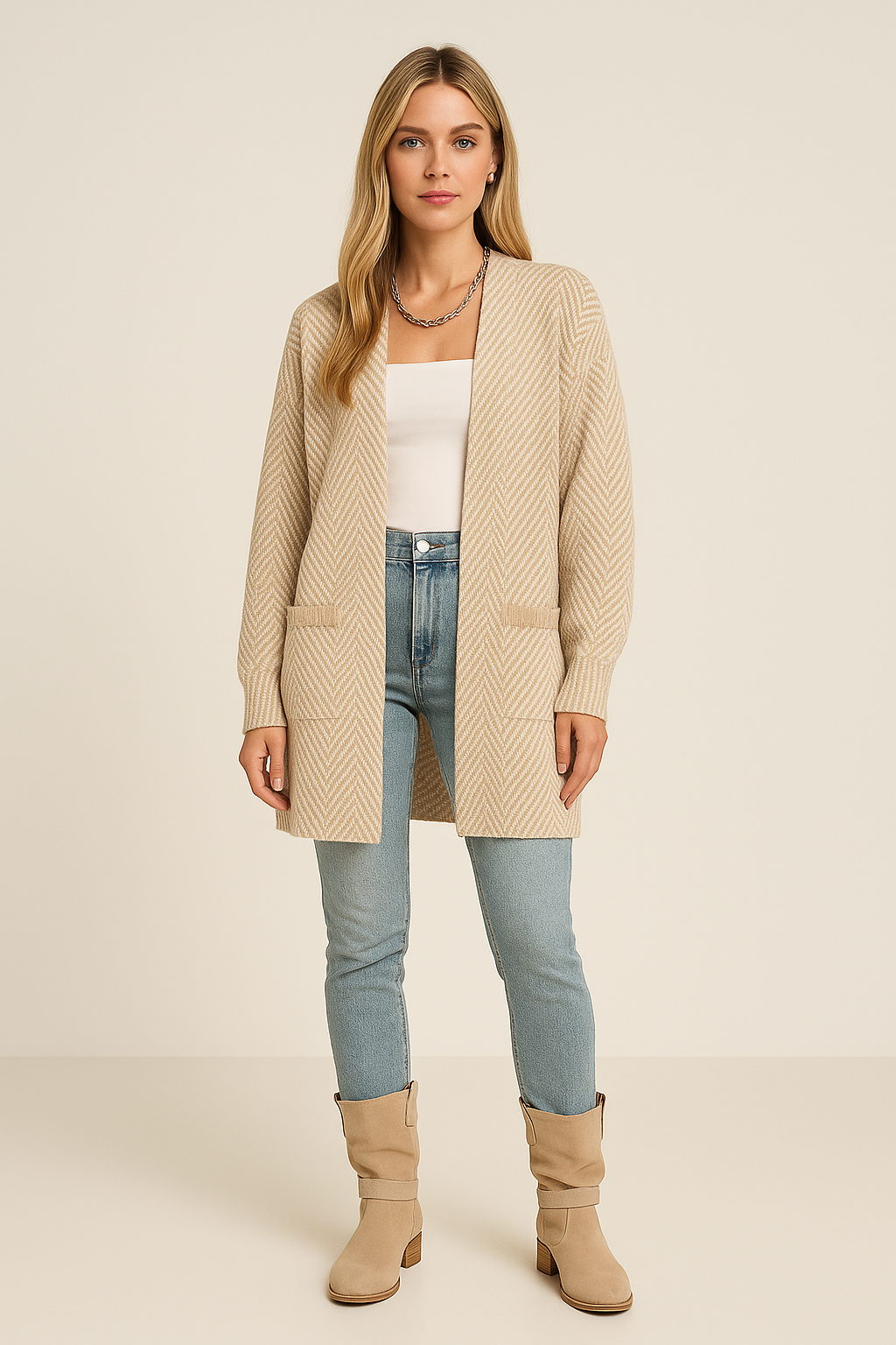 Knit Cardigan – Relaxed Fit – Open Front – Herringbone Pattern