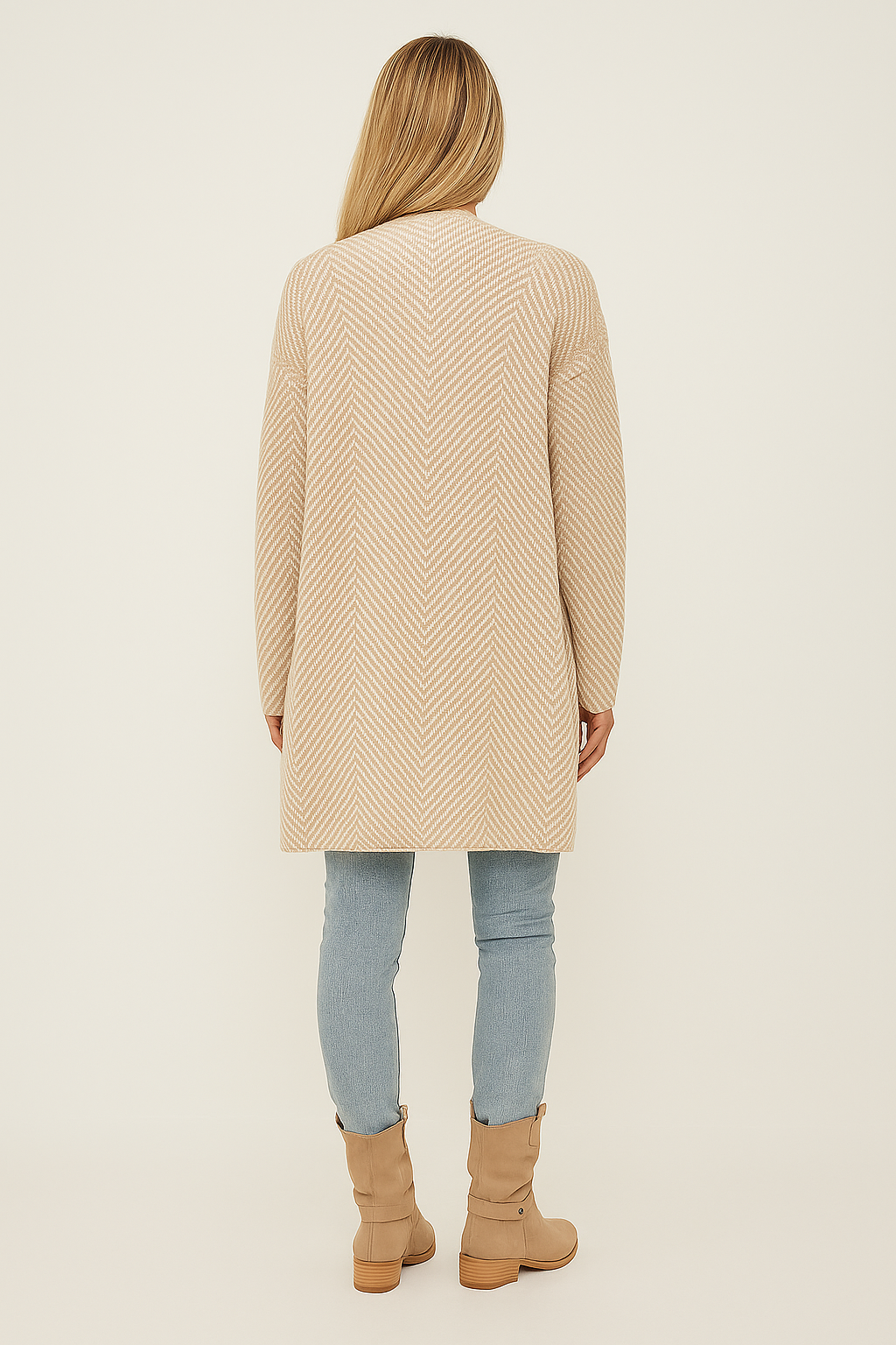 Knit Cardigan – Relaxed Fit – Open Front – Herringbone Pattern