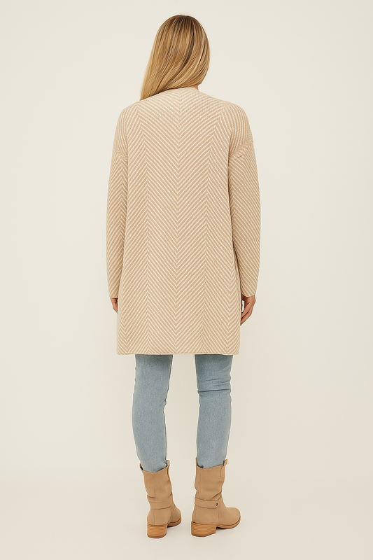 Knit Cardigan – Relaxed Fit – Open Front – Herringbone Pattern