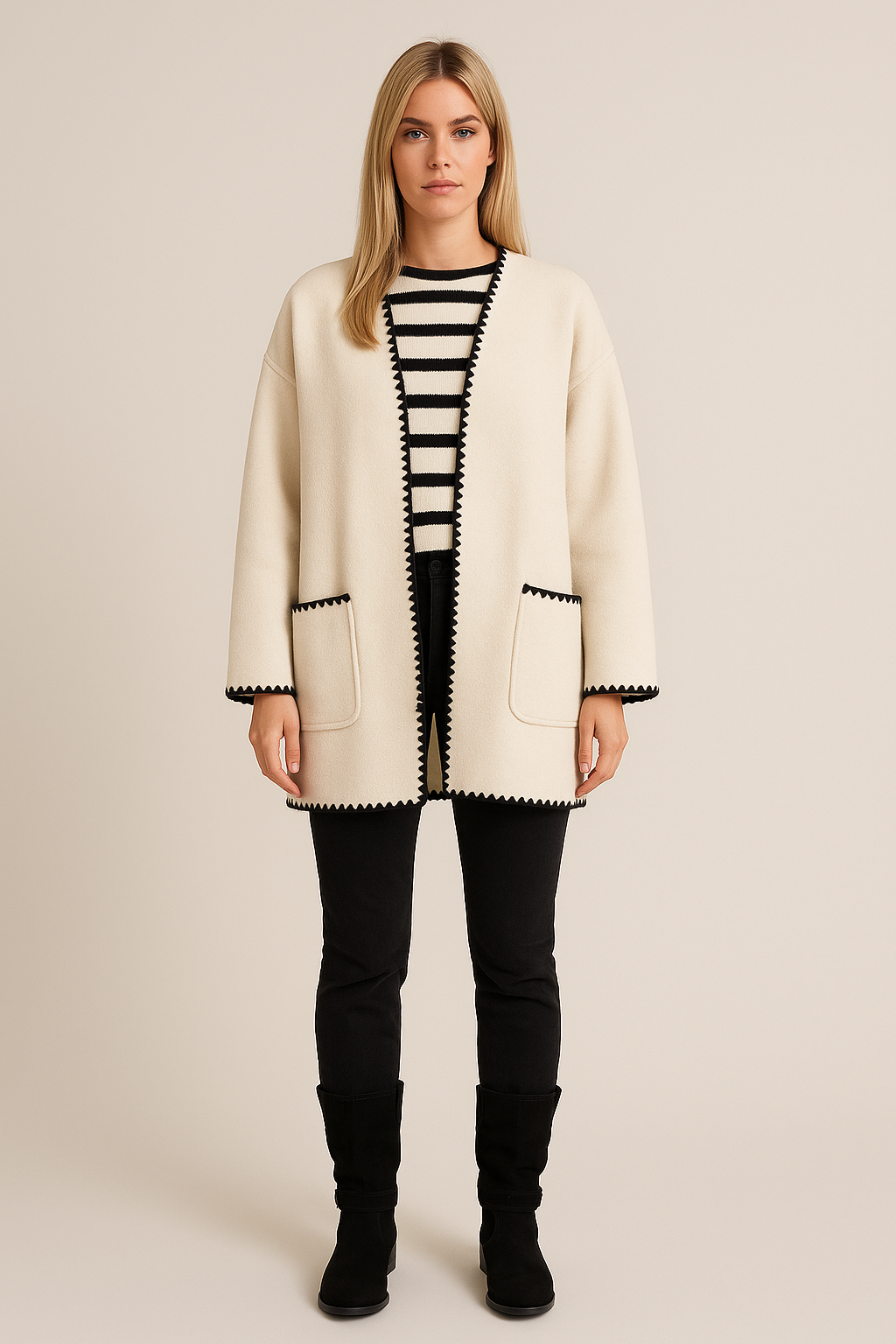 Knitted Cardigan – Oversized Fit – Open Front – Ribbed Trim – Patch Pockets