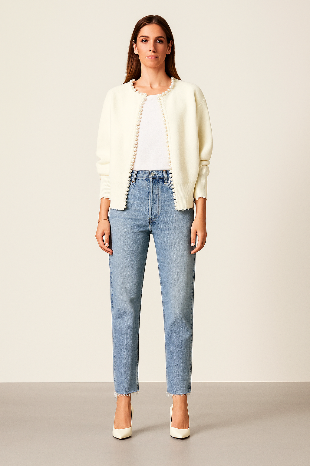 Pearl Trim Cardigan – Regular Fit – Ripped Hem – Knit Material