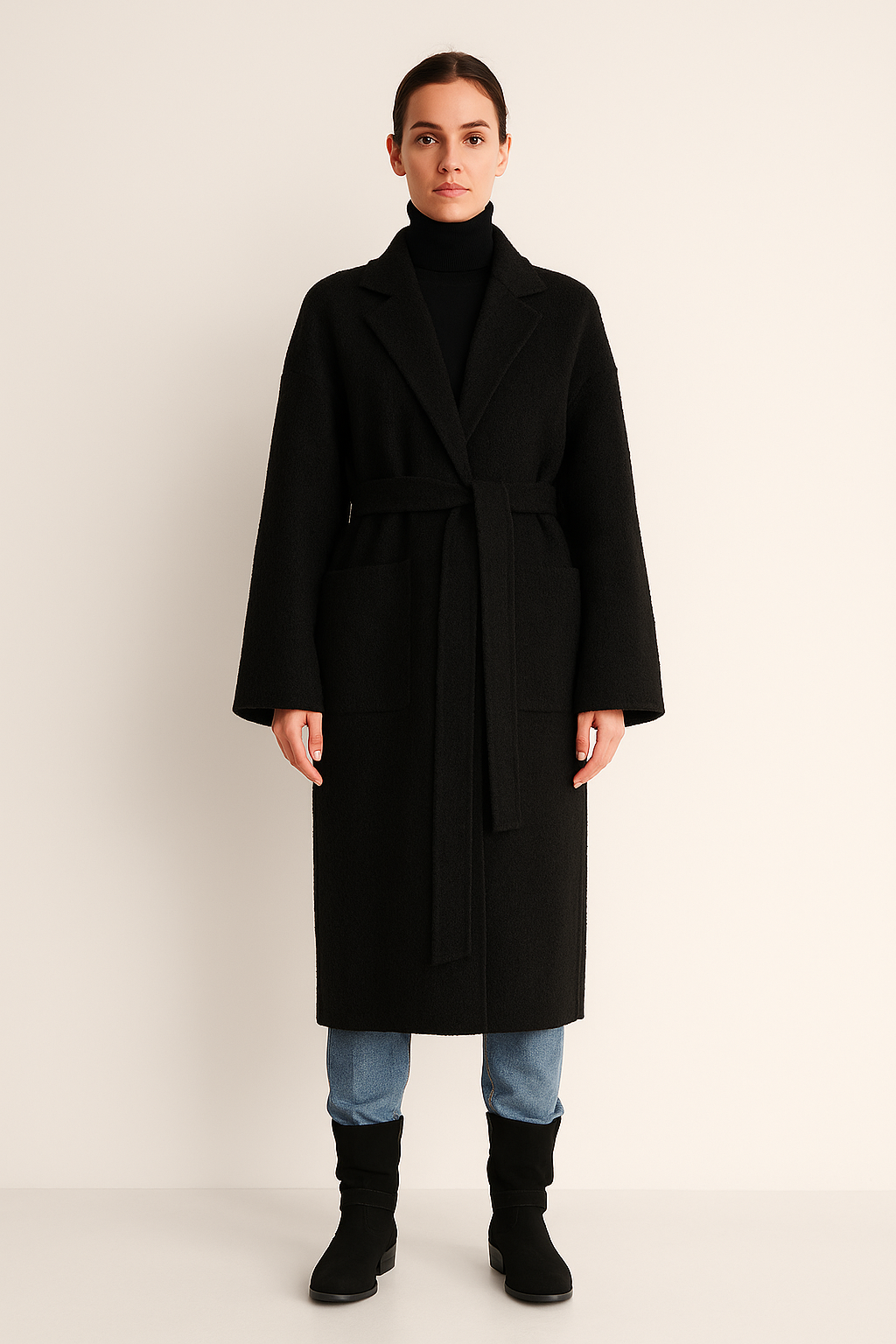 Long Knitted Cardigan Belted Robe Lapel