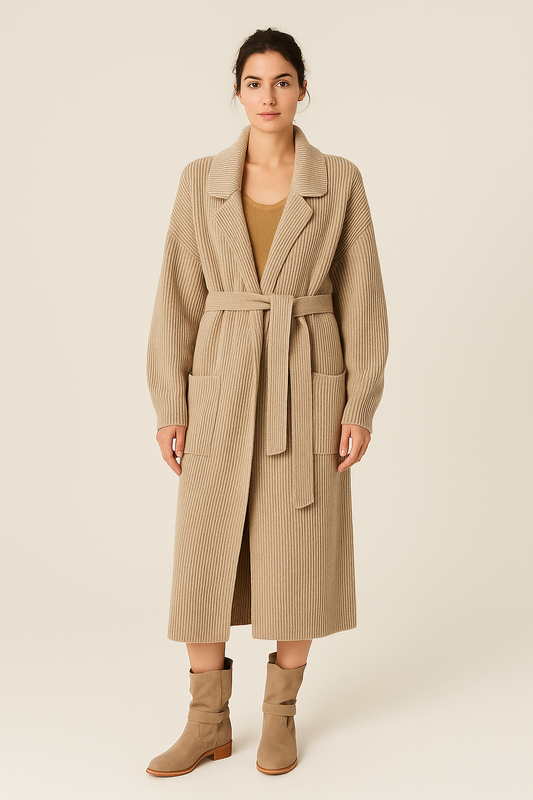 Long Knitted Cardigan – Belted Robe – Lapel Collar – Regular Fit