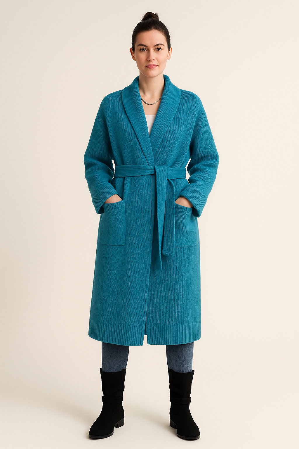 Long Knitted Cardigan – Belted Robe – Lapel Collar – Regular Fit