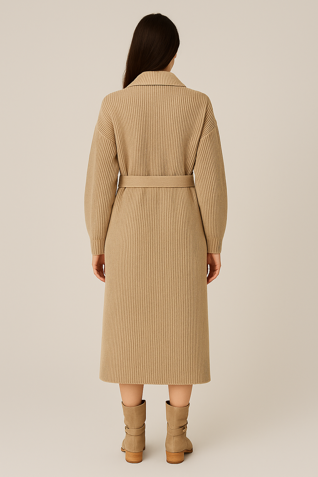 Long Knitted Cardigan – Belted Robe – Lapel Collar – Regular Fit