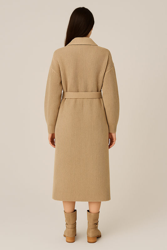 Long Knitted Cardigan – Belted Robe – Lapel Collar – Regular Fit