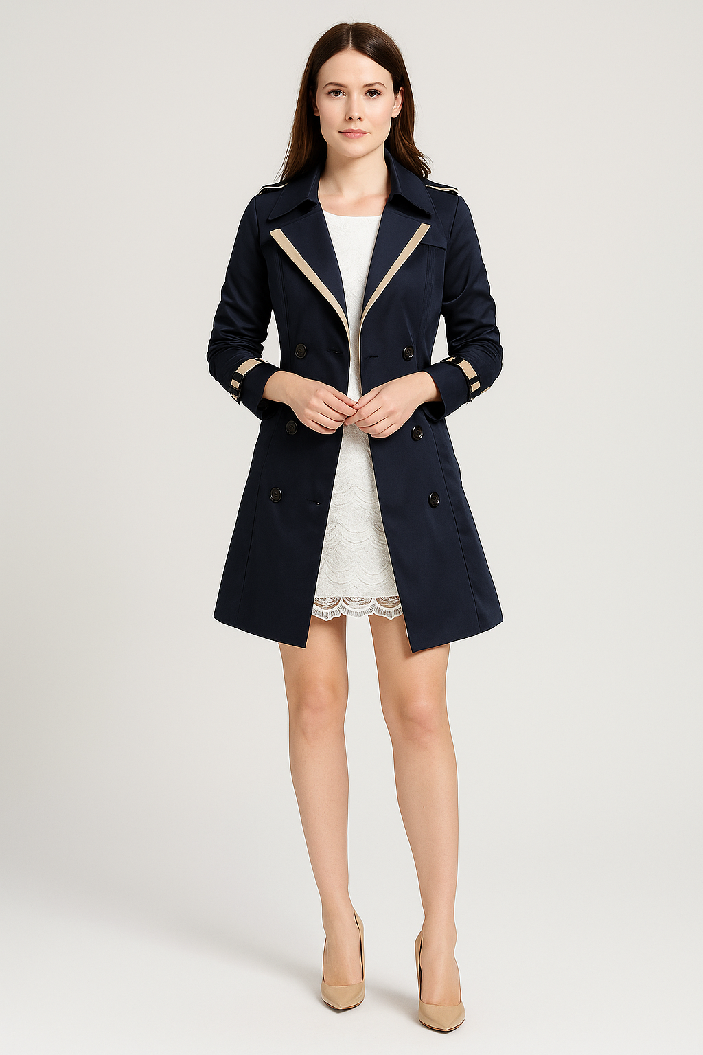 Women’s Trench Coat – Slim Fit – Double-Breasted – Knee Length