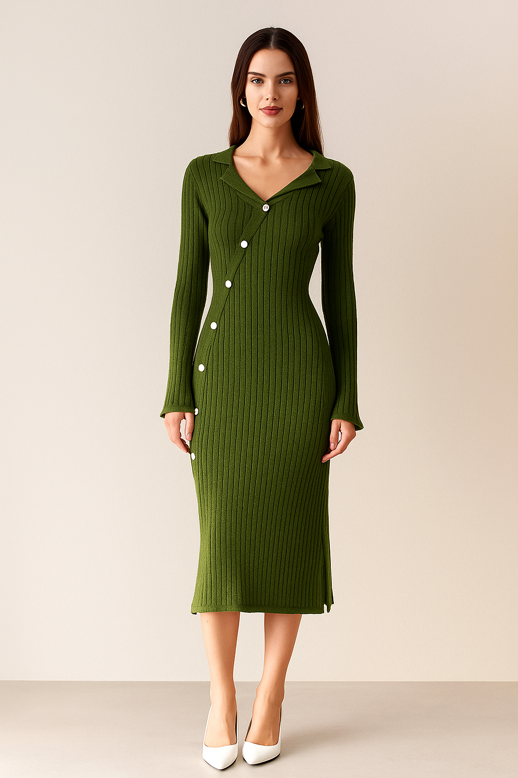 Knit Dress – Regular Fit – Midi Length – Asymmetrical Button Detail