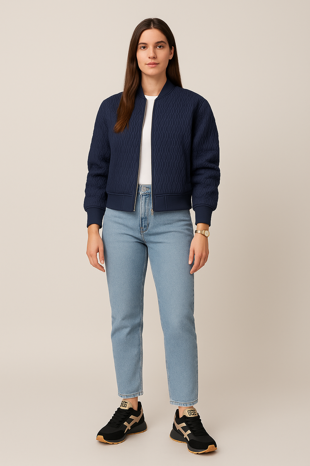 Quilted Bomber with Zip Front and Ribbed Trim