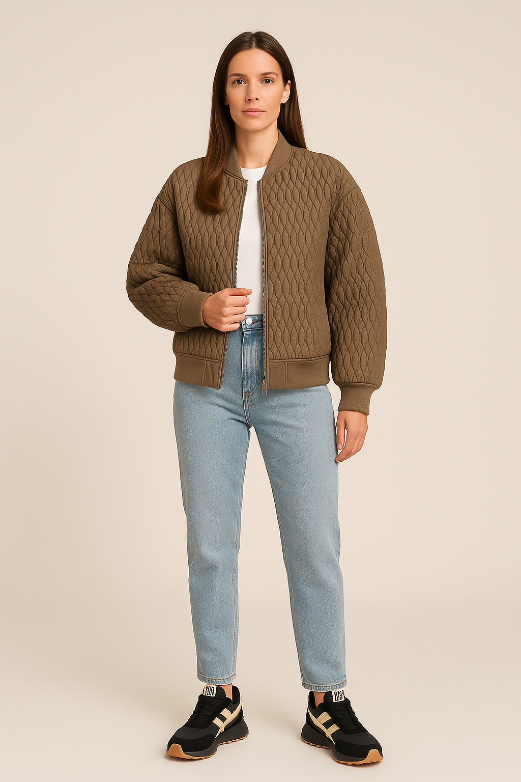 Quilted Bomber with Zip Front and Ribbed Trim