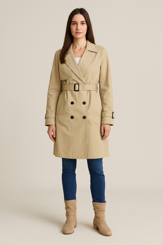 Trench Coat – Double-Breasted – Belted Waist – Knee Length