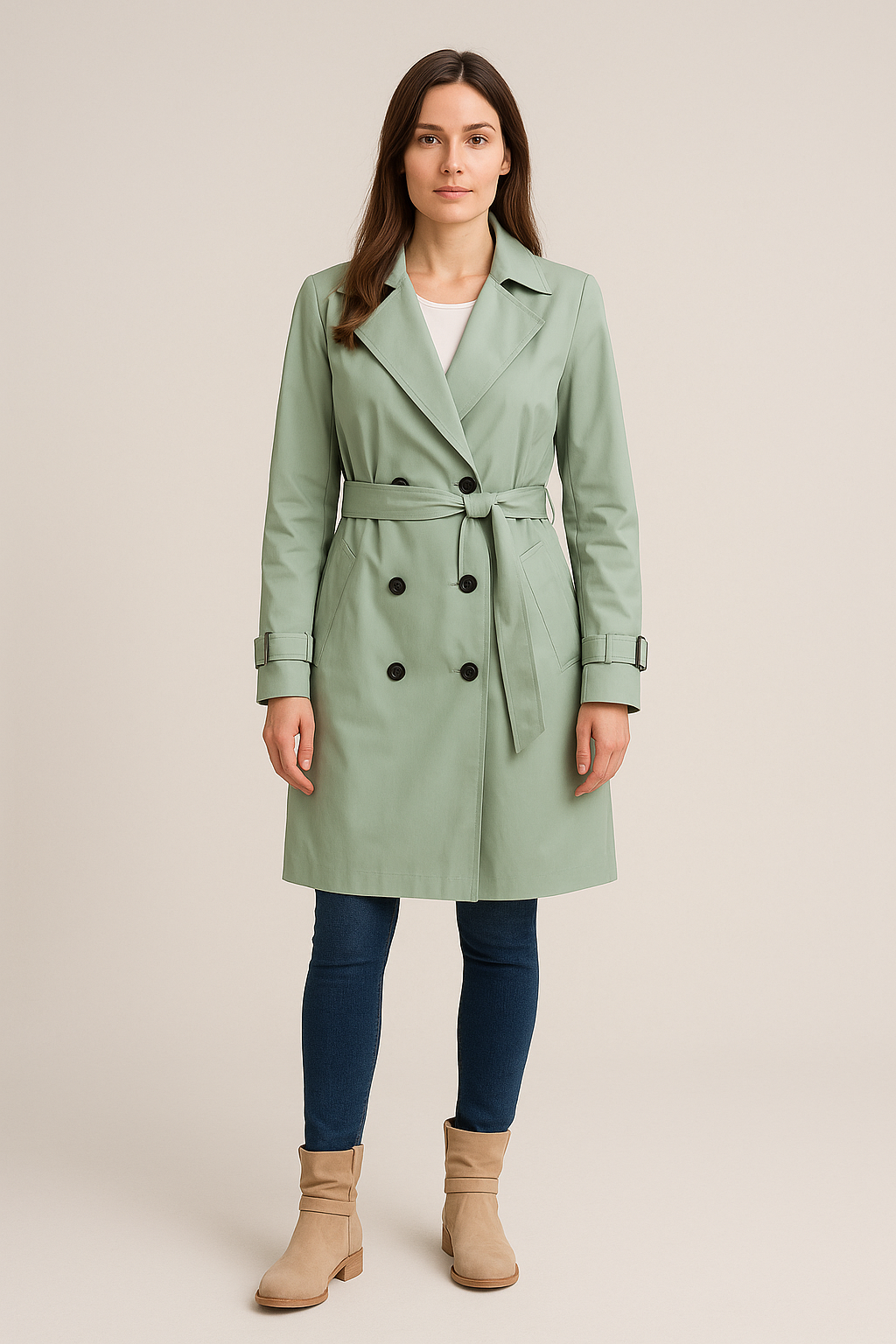 Trench Coat – Double-Breasted – Belted Waist – Knee Length