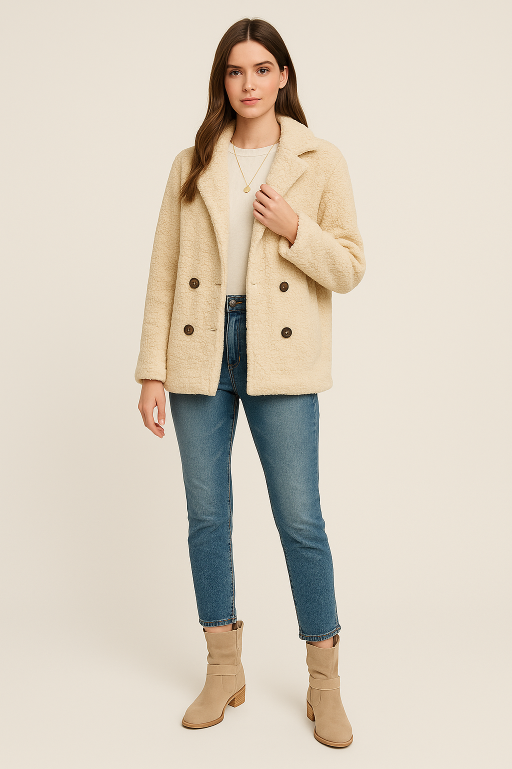 Teddy Coat – Double-Breasted – Notched Lapel – Mid Length