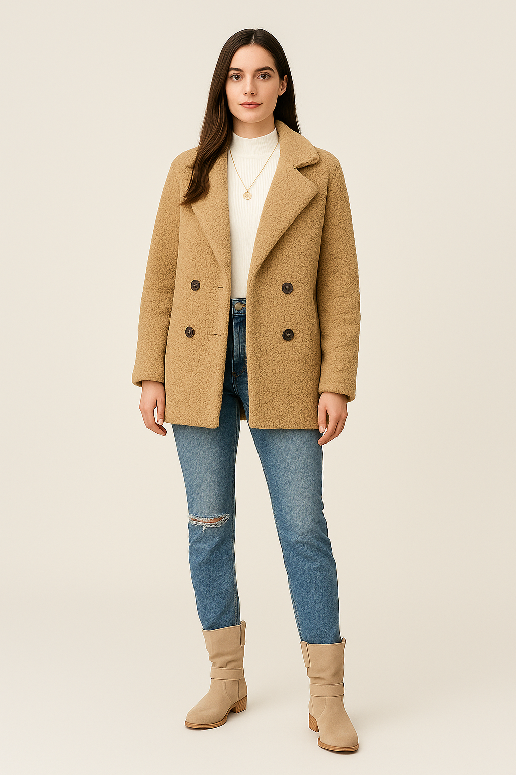 Teddy Coat – Double-Breasted – Notched Lapel – Mid Length