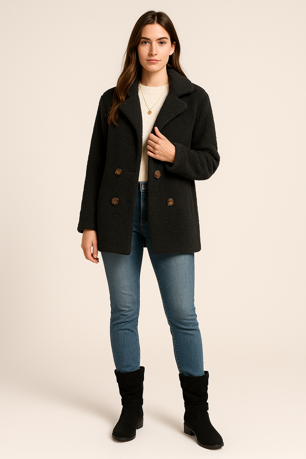 Teddy Coat – Double-Breasted – Notched Lapel – Mid Length