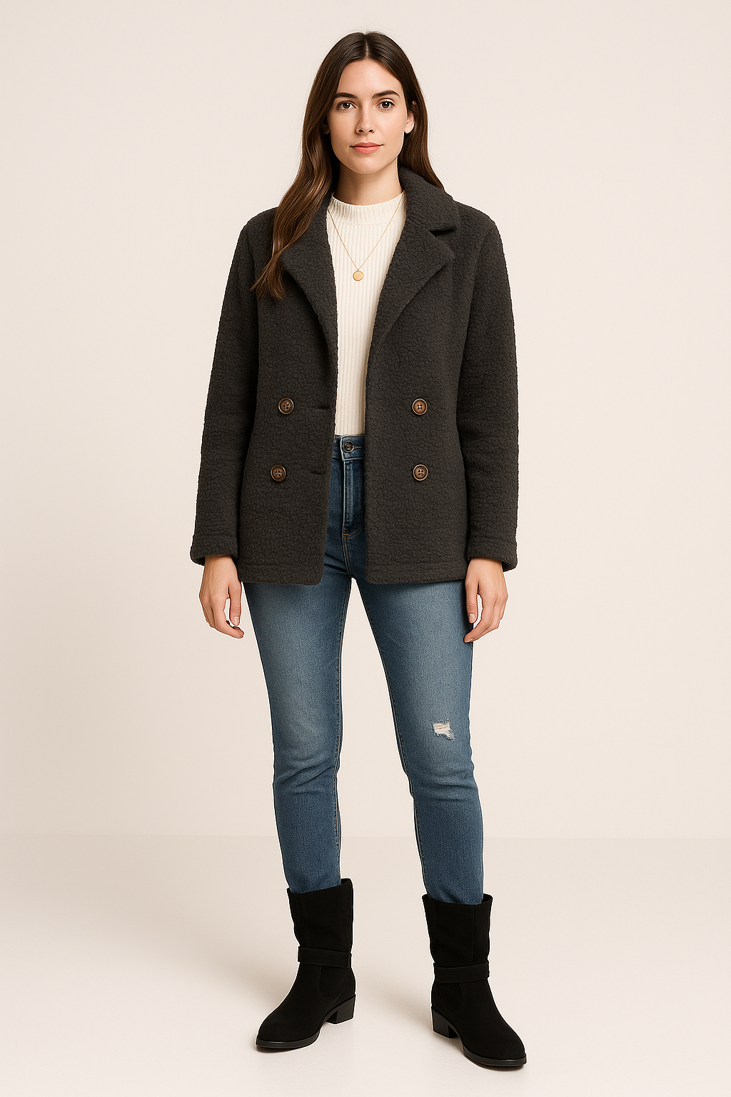 Teddy Coat – Double-Breasted – Notched Lapel – Mid Length