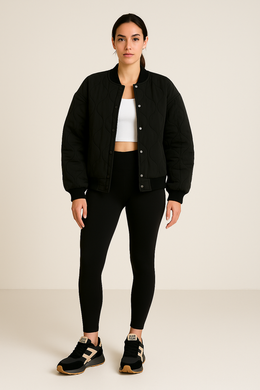 Quilted Bomber Jacket – Snap Front – Cropped Fit – Ribbed Trim