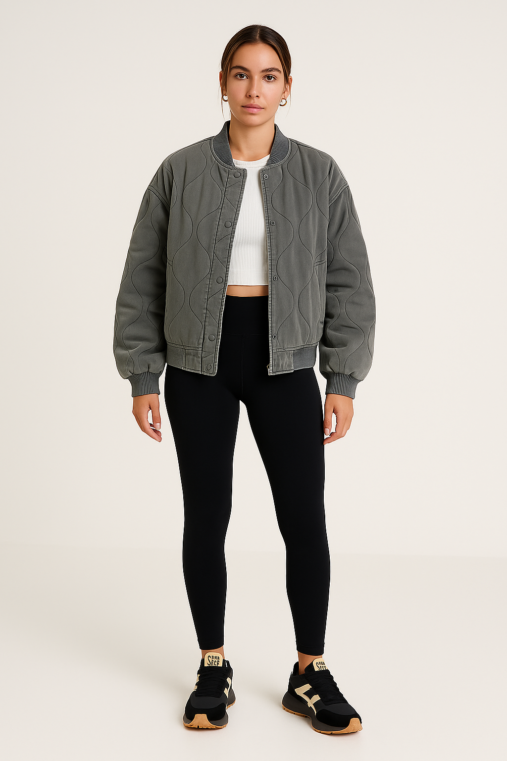 Quilted Bomber Jacket – Snap Front – Cropped Fit – Ribbed Trim