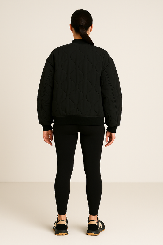 Quilted Bomber Jacket – Snap Front – Cropped Fit – Ribbed Trim