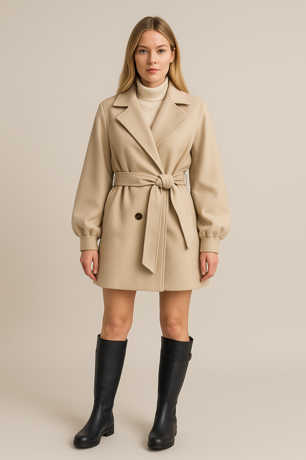 Wrap Mini Coat – Belted Waist – Balloon Sleeves – Pleated Skirt