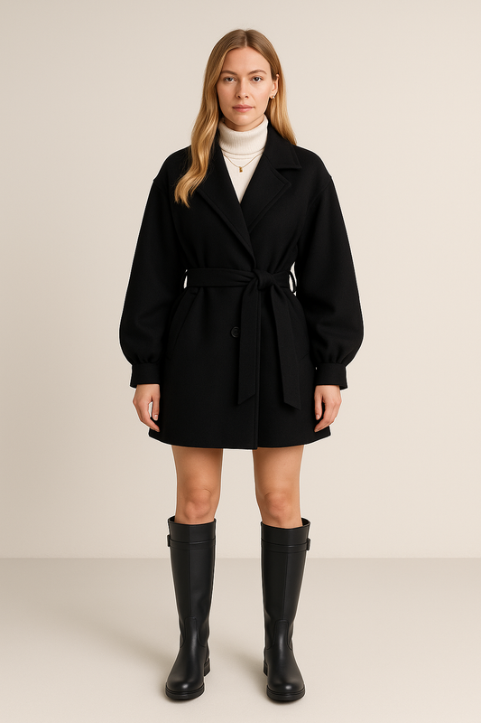 Wrap Mini Coat – Belted Waist – Balloon Sleeves – Pleated Skirt