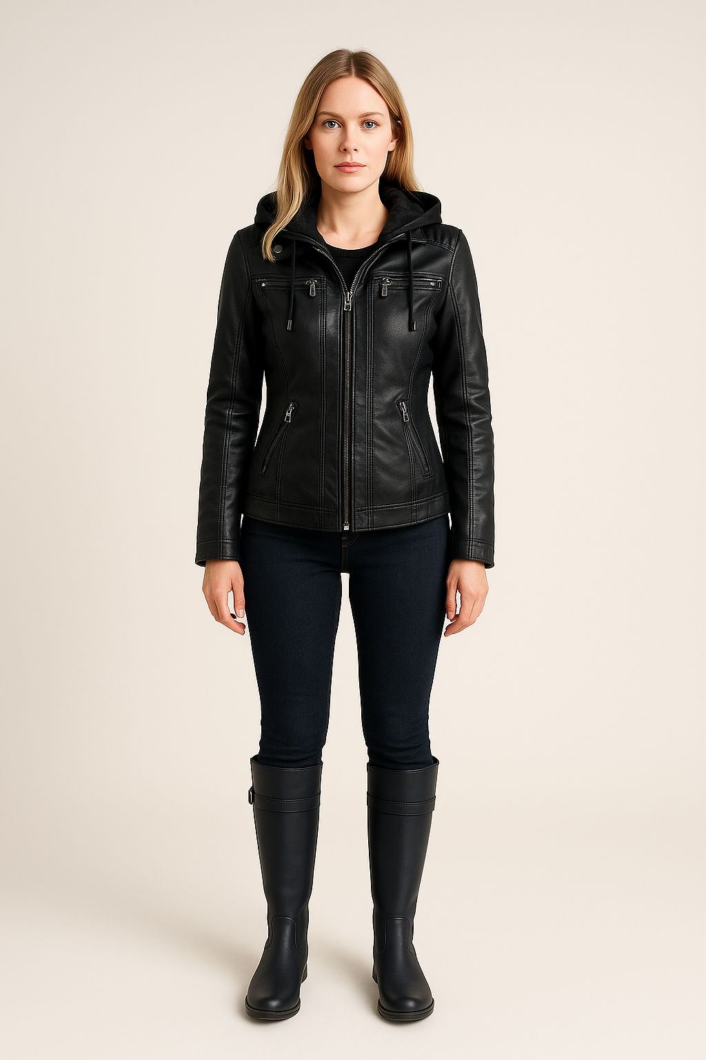 Faux Leather Jacket Zip Up with Removable Hood