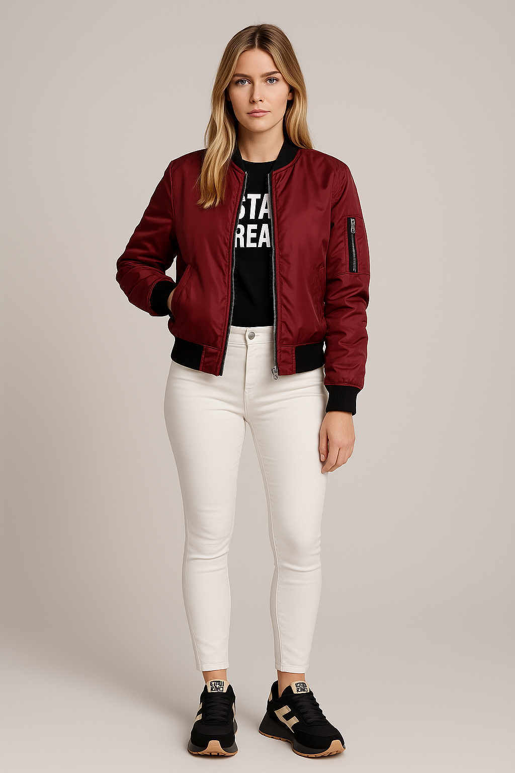 Bomber Jacket Zip Up Ribbed Trim