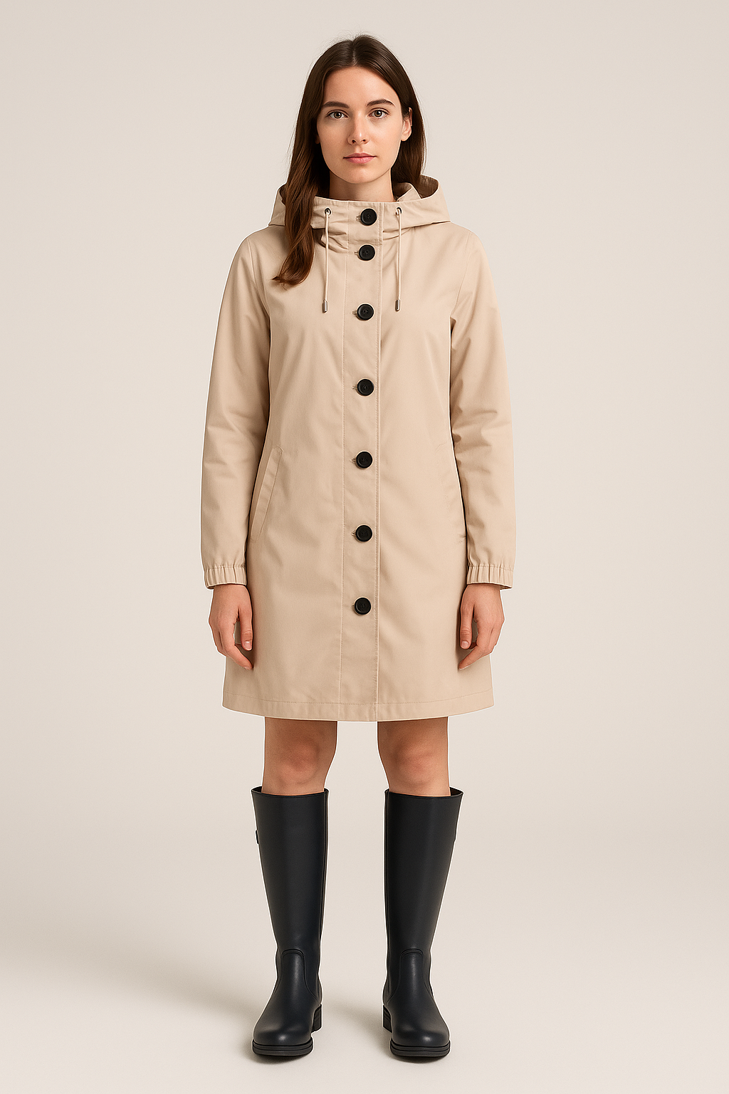 Hooded Long Coat – Button Front – A-Line Fit – Slit Back Detail