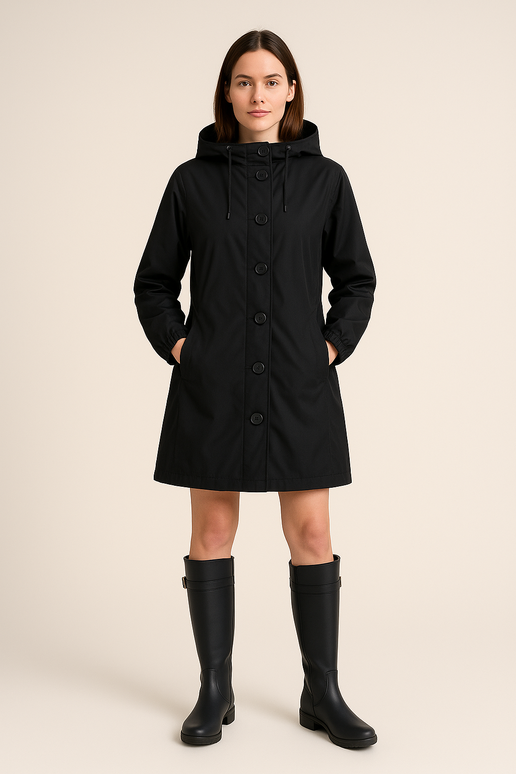 Hooded Long Coat – Button Front – A-Line Fit – Slit Back Detail