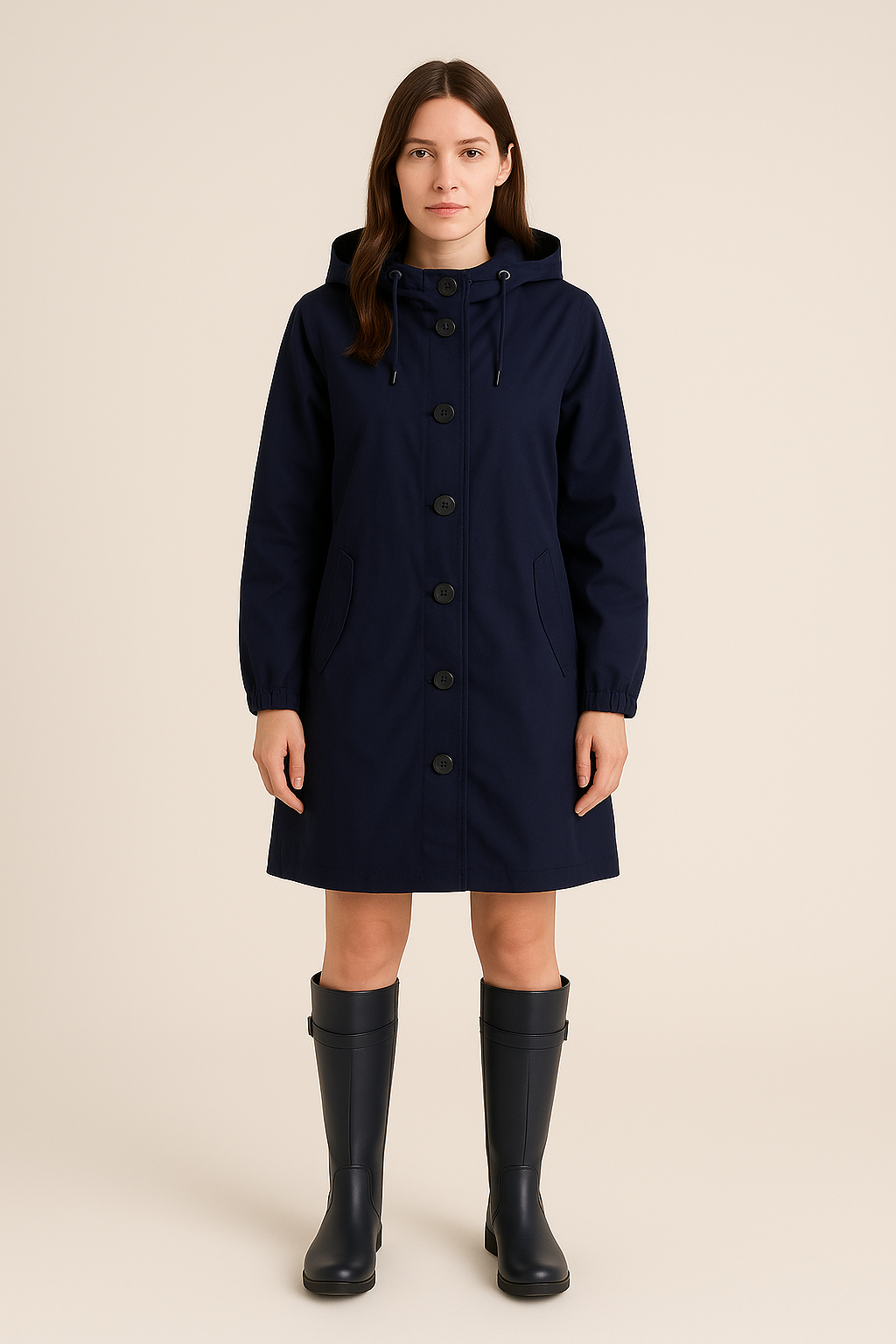 Hooded Long Coat – Button Front – A-Line Fit – Slit Back Detail