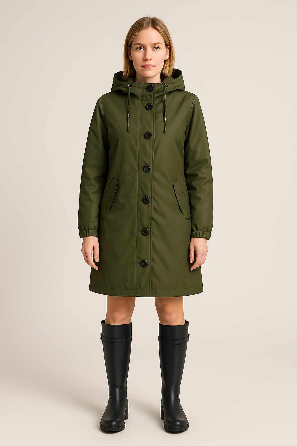 Hooded Long Coat – Button Front – A-Line Fit – Slit Back Detail