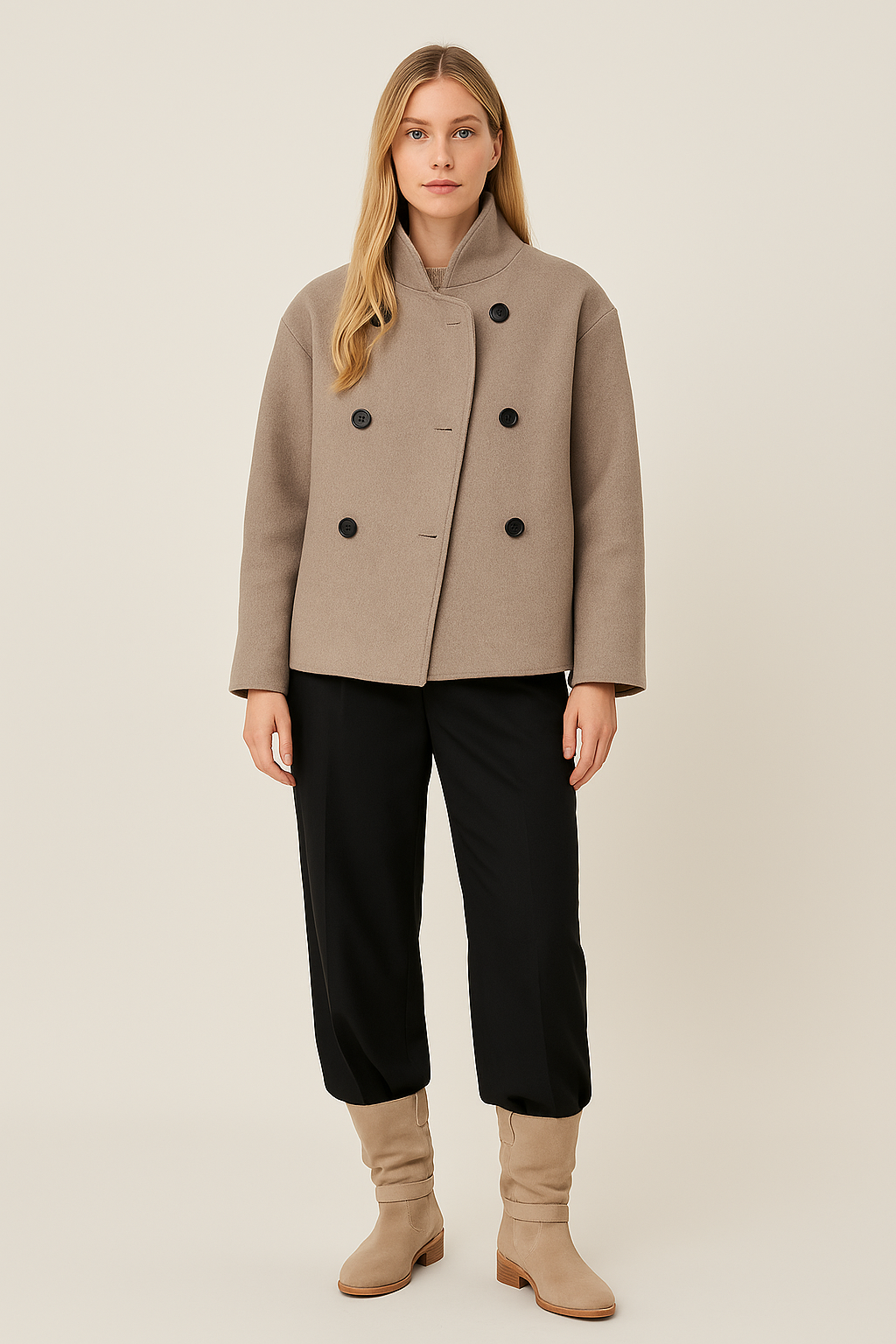 Pea Coat – Double-Breasted – Stand Collar – Relaxed Fit – Button Front