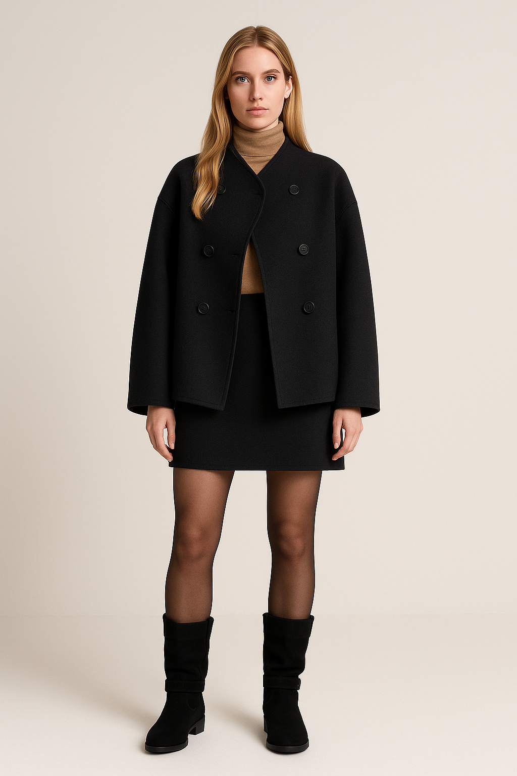 Pea Coat – Double-Breasted – Stand Collar – Relaxed Fit – Button Front