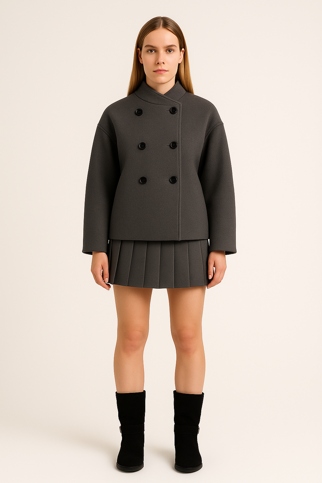 Pea Coat – Double-Breasted – Stand Collar – Relaxed Fit – Button Front