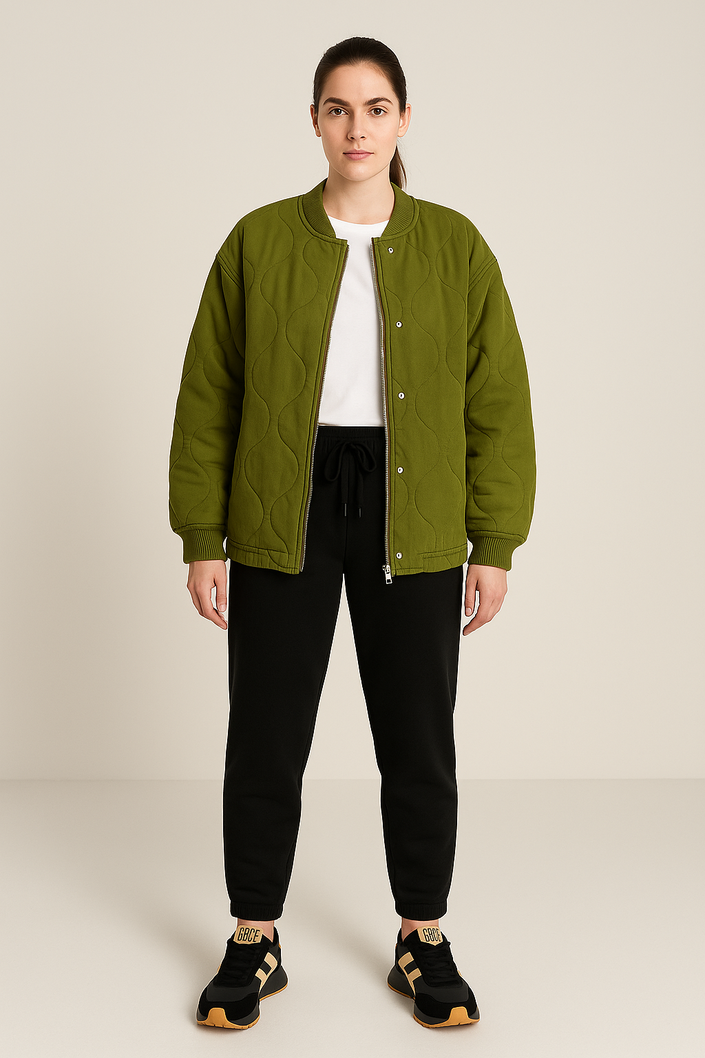 Quilted Bomber Jacket – Snap Front – Cropped Fit – Ribbed Trim