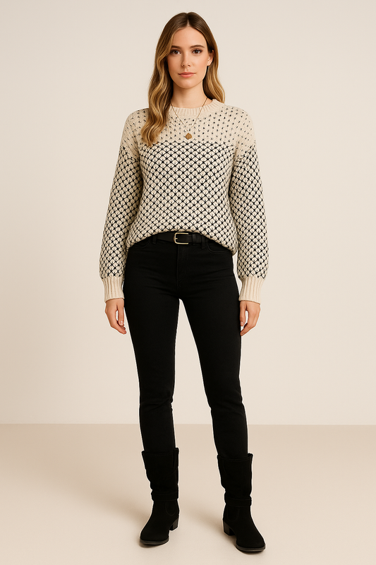 Color Block Sweater – Crewneck – Geometric Knit – Relaxed Fit – Ribbed Trim