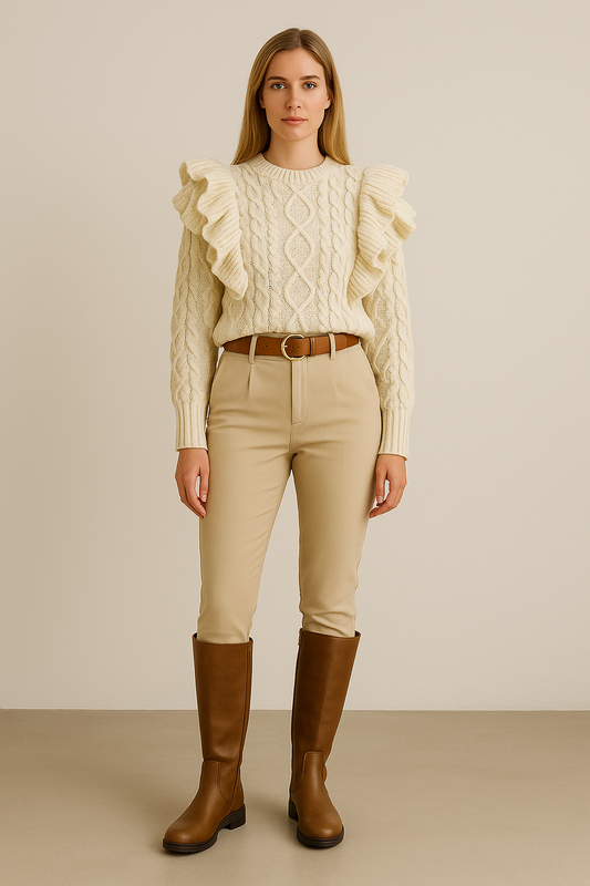 Ruffle Cable Knit Sweater – Long Sleeve – Balloon Shoulders – Textured Design