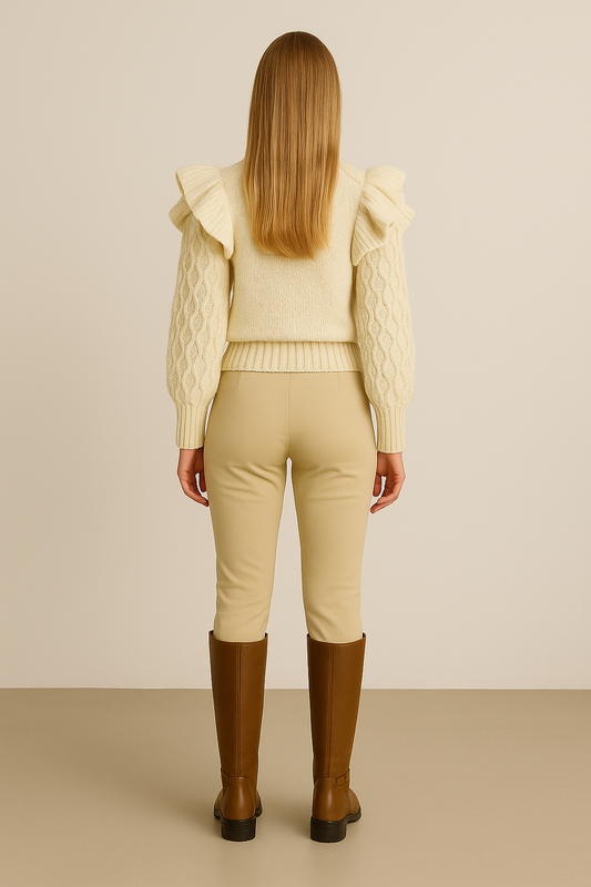 Ruffle Cable Knit Sweater – Long Sleeve – Balloon Shoulders – Textured Design
