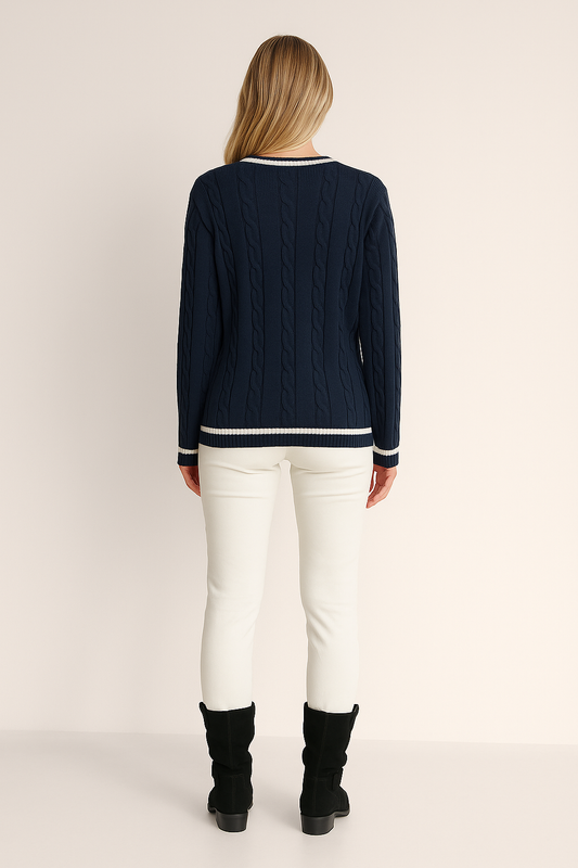 V-Neck Cable Knit Sweater – Long Sleeve – Striped Trim – Navy Blue