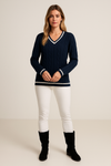 V Neck Cable Knit Sweater Striped Trim Navy