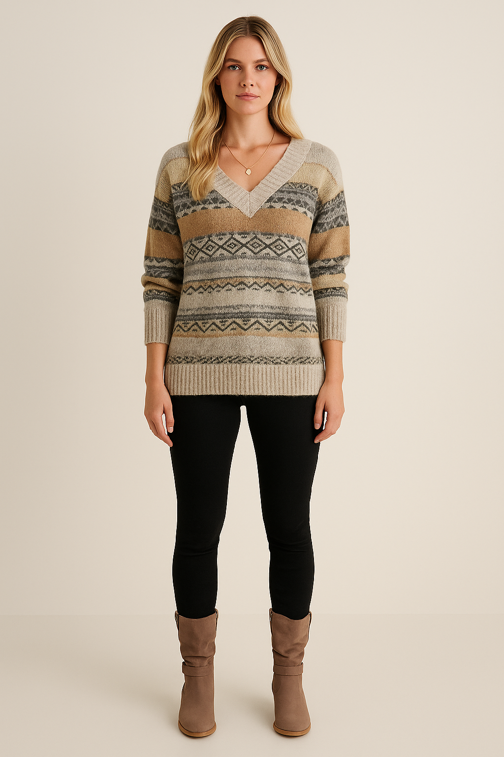 V Neck Color Block Sweater Chevron Relaxed Fit